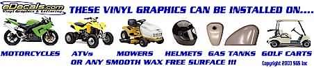 Online shopping source for decals graphics stickers stripes for cars, bikes, motorcycles, rv, atv, quad, boat, marine, lawn, mowers, skateboards, helmets, gas, fuel, tank, truck, suv, snowboard, accent, flame, color, fade, italian, irish, american, yellow, red, orange, purple, blue, outline, pinstriping, decals, stickers, graphics.
